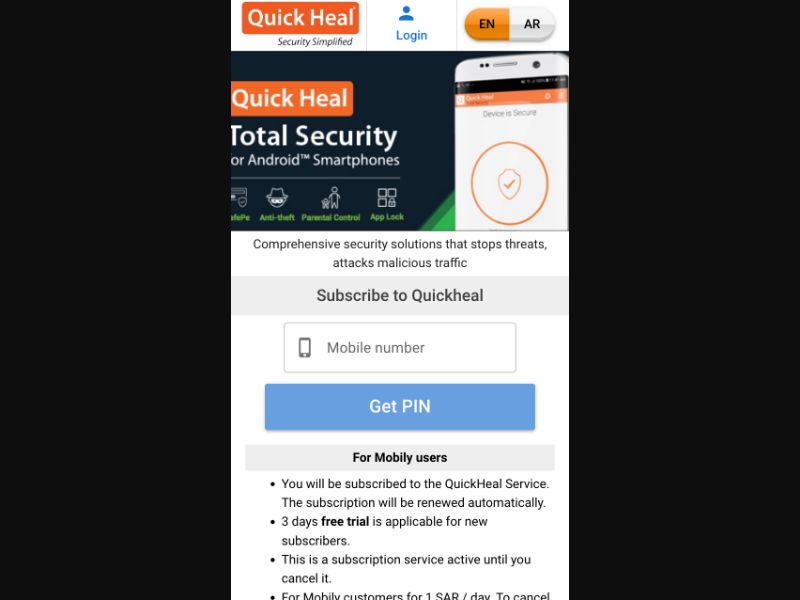 10899 | SA_QUICKHEAL_PIN_ZAIN, MOBILY, STC | SA | Pin submit | Mobily | Mainstream | Download