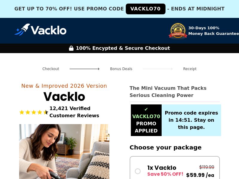 Vacklo Portable Vacuum Cleaner - DTC [US,UK,AU] (Social,Banner,Native,Push,SEO,Search,Brand Bidding) - CPA 
