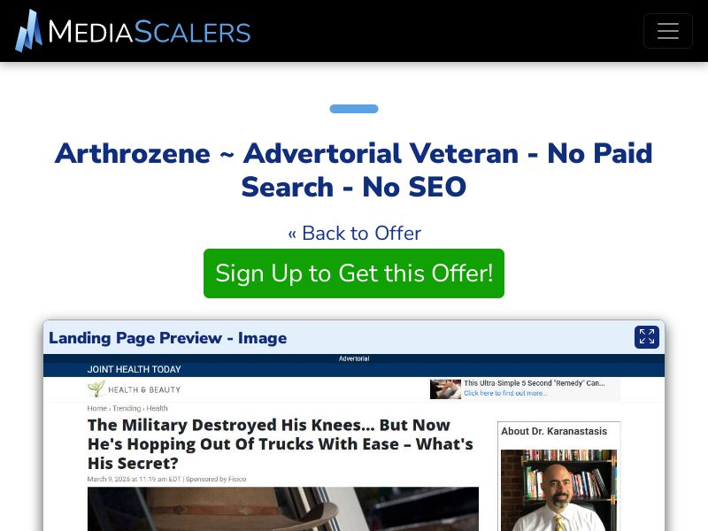 Arthrozene ~ Advertorial Veteran - No Paid Search - No SEO [US, CA, AU, UK]