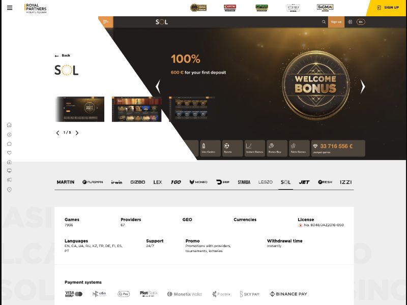 SOL Casino - CPA Up To 700 EUR, RevShare Up To 60% - PT, PL, DE, BR, CA