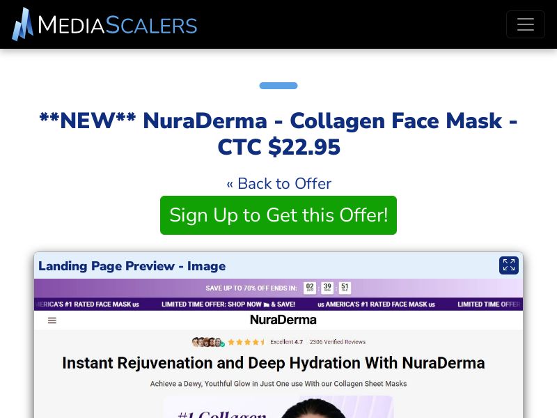 NuraDerma - Collagen Face Mask - CTC $22.95 {+DTC, Advertorial, Alt-Landers, Multi-Lang} [US, DE, CA, AU, UK, FR, IL, +232 More]